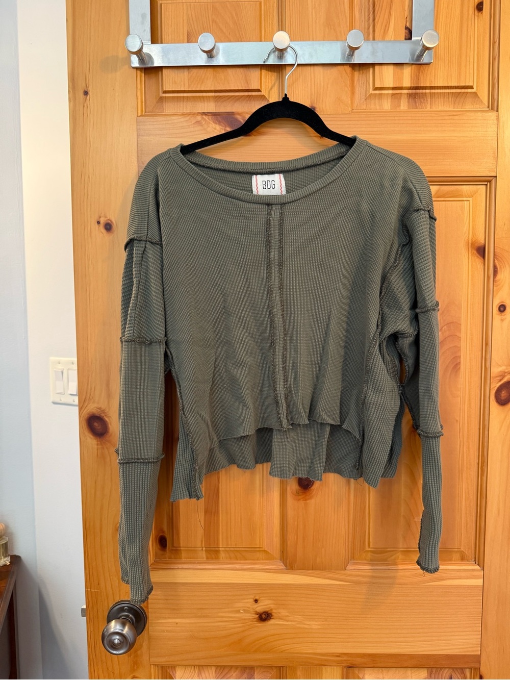 BDG Olive Cropped Waffle Knit Long Sleeve Pullover